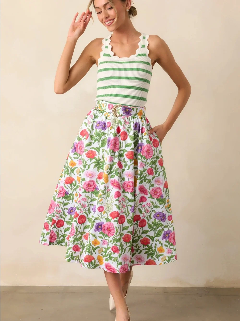 Prosperina | Thena Secret Garden Floral Cotton Belted Midi Skirt $158 Medium